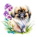 Pekingese dog with flowers. Hand drawn watercolor illustration isolated on white background Generative AI Generative AI Royalty Free Stock Photo