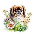 Pekingese dog with flowers. Watercolor illustration isolated on white background generative AI Generative AI Royalty Free Stock Photo