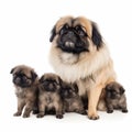 Pekingese dog with puppies close up portrait isolated on white background. Cute pet, loyal friend