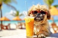 Pekingese dog is relaxing on the beach with a cocktail. Resort holiday concept with pets. Generative AI