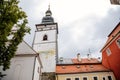 Pelhrimov, Czech Republic, 03 July 2021: gothic church of St. Bartholomew with observation tower at sunny summer day in center of