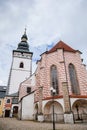 Pelhrimov, Czech Republic, 03 July 2021: gothic church of St. Bartholomew with observation tower at sunny summer day in center of