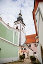 Pelhrimov, Czech Republic, 03 July 2021: gothic church of St. Bartholomew with observation tower at sunny summer day in center of