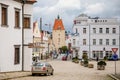 Pelhrimov, Czech Republic, 03 July 2021: Lower or Jihlavska gate, Medieval renaissance clock tower, narrow picturesque street with