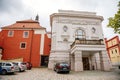 Pelhrimov, Czech Republic, 03 July 2021: Lubomir Lipsky Theater near Renaissance castle with red facade, narrow picturesque street