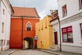 Pelhrimov, Czech Republic, 03 July 2021: narrow picturesque street with colorful medieval renaissance, baroque and gothic historic