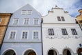 Pelhrimov, Czech Republic, 03 July 2021: narrow picturesque street with colorful medieval renaissance, baroque and gothic houses