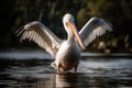 Pelican Bird Spreading Its Wings By The Water. Generative AI