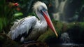 Majestic White Pelican Amidst Enchanting Jungle Waterfall