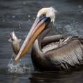 Pelican catches and eats fish in the water, close-up,