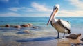 Graceful Pelican On A Beach: Captivating Morning Light And Australian Landscape