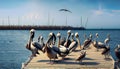 pelican on a pier by the sea