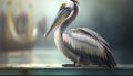 a pelican sitting on a ledge with a boat in the background. generative ai