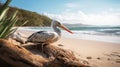 a pelican sitting on a log on the beach