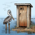 a pelican sitting on an old outhouse by the sea. A simple drawing