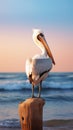 A pelican sitting on a stump on the beach, AI