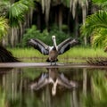 Pelican standing next to a shallow body of water with its wings outstretched, AI-generated