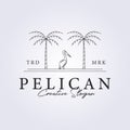 a pelican standing between the palm trees line art logo vector illustration design