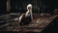 Pelican standing on wood, taking off to fish generated by AI