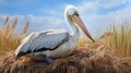 Hyperrealistic Vray Tracing Of Pelican Sitting On Nest Of Dried Grass