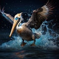 Pelican starting in the blue Brown Pelican splashing in bird in the dark nature