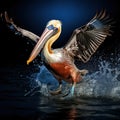 Pelican starting in the blue Brown Pelican splashing in bird in the dark nature