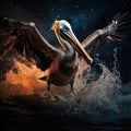 Pelican starting in the blue Brown Pelican splashing in bird in the dark nature