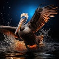 Pelican starting in the blue Brown Pelican splashing in bird in the dark nature