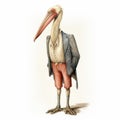 Vintage Watercolored Pelican Wearing 19th Century Style Suit