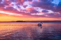 Pelican swimming in the lake under the golden cloudy sky at sunset Royalty Free Stock Photo