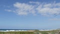 Pelicans fly in sky, California pacific coast USA. Birds and ocean beach. Flock of pelecanus in air. Royalty Free Stock Photo