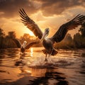 Pelicans flying in Danube Delta Romania Royalty Free Stock Photo