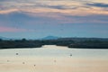 Pelicans, herons, seagulls, ducks and other birds flying over Vistonida lake in Rodopi, Greece Royalty Free Stock Photo