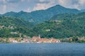 Pella, village on the Lake Orta, as seen from the San Giulio Island. Piedmont, Italy. Royalty Free Stock Photo