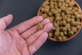 Pellet of dry food for neutered and spayed dogs lies in the palm of man`s hand. Adult male is holding the pellet in round shape.