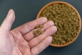 Pellets of dry food for spayed or neutered cats lie in the man`s palm. The adult male is holding the triangular-shaped pellets. A