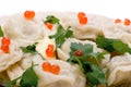 Pelmeni with red caviar close up Royalty Free Stock Photo