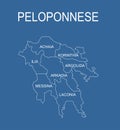 Peloponnese map vector line contour silhouette illustration isolated on blue background. Greek territory.