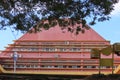 pelotas bus station, south of brazil, building of beautiful asian architecture in front of a wooded square