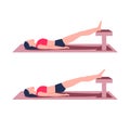 Pelvic lift feet on bench exercise educational scheme infographic. Woman makes hip thrust for strength gluteal and hamstrings Royalty Free Stock Photo