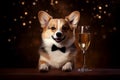 Pembroke Welsh Corgi with a small glass of champagne at a Christmas party on a dark background Royalty Free Stock Photo