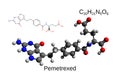 Chemical formula, structural formula and 3D ball-and-stick model of the anticancer drug pemetrexed, white background