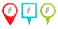 pen, bird feather. Multicolor pin vector icon, diferent type map and navigation point