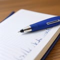 pen on a blue diary, placed on a table