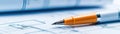 Pen on blueprint, technical drawing for architectural design, engineering, and construction planning Royalty Free Stock Photo