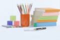 Pen on blurred background of school supplies .photo with copy space Royalty Free Stock Photo