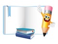 Back to School concept. 3D illustration of pencil emoticon character in front of open book.