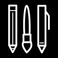 Pen, brush and pencil vector icon. Black and white illustration of set of ballpen. Outline linear school tools icon.