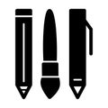 Pen, brush and pencil vector icon. Black and white illustration of set of ballpen. Solid linear school tools icon.