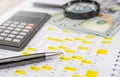 Pen, calculator, dollars and magnifying glass lie on the financial report. Close-up. Income analysis concept and business developm Royalty Free Stock Photo